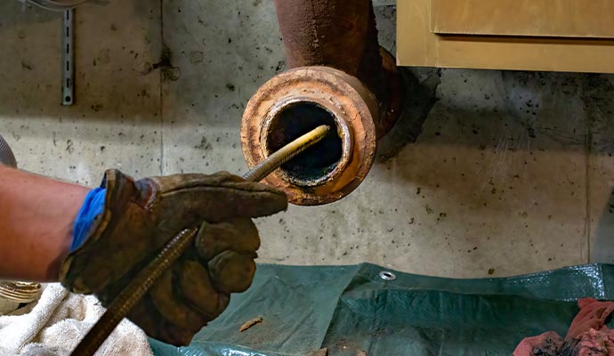 Professional cleaning a clogged drain with specialized equipment