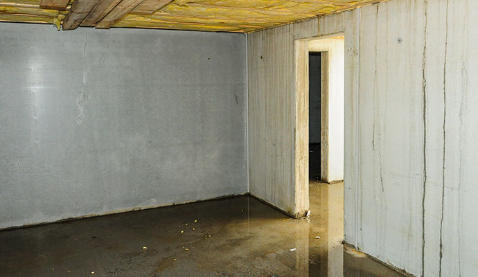 Flooded basement with standing water and concrete foundation walls