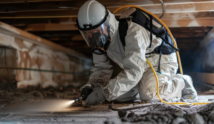 Asbestos removal, worker with protective suit
